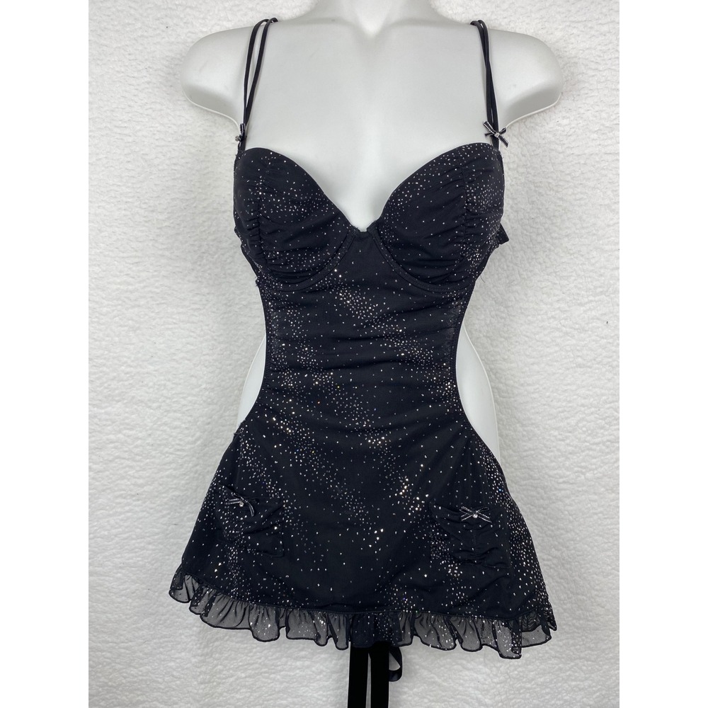 Jezebel Black Glitter Mesh Babydoll Lingerie Underwire‎ Chemise Medium 02-1308